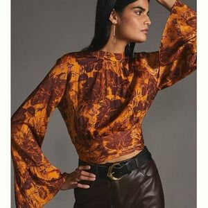 Anthropologie Floral Bell Sleeve Blouse Orange High Neck Crop Sheer Back Flowy